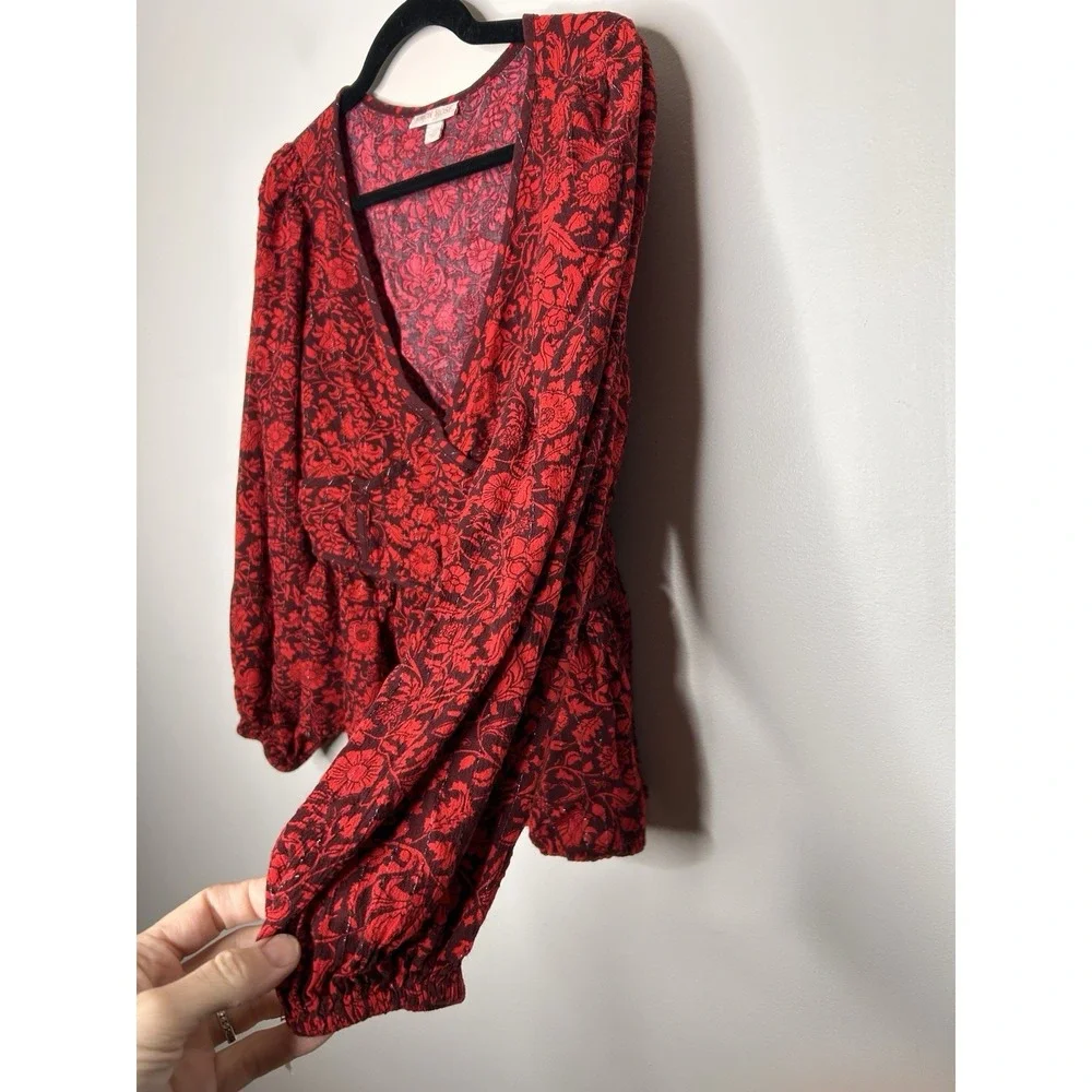 Knox Rose Women's Red Floral Boho Peasant Fairy Long Sleeve Shirt Size Large - Picture 3 of 10